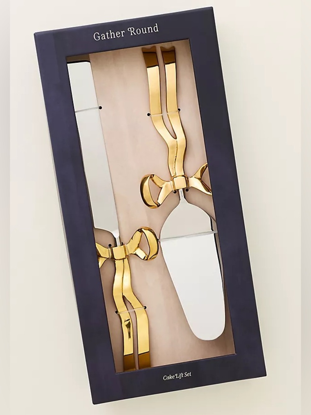 Anthropologie Benedita Stainless Steel Bow Cake Serve Set Metal Gold Silver NEW